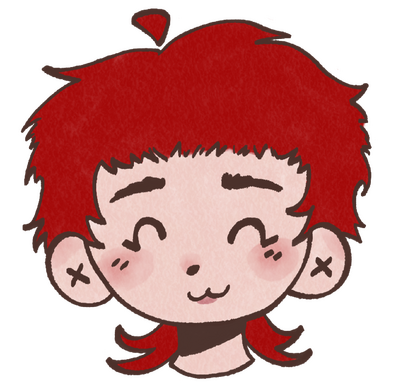 A digital illustration of Clem, a white person with a bright red mullet smiling happily.