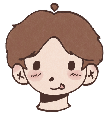 A digital illustration of Jasper, a white person with a short brown middle part, sticking his tongue out goofily.