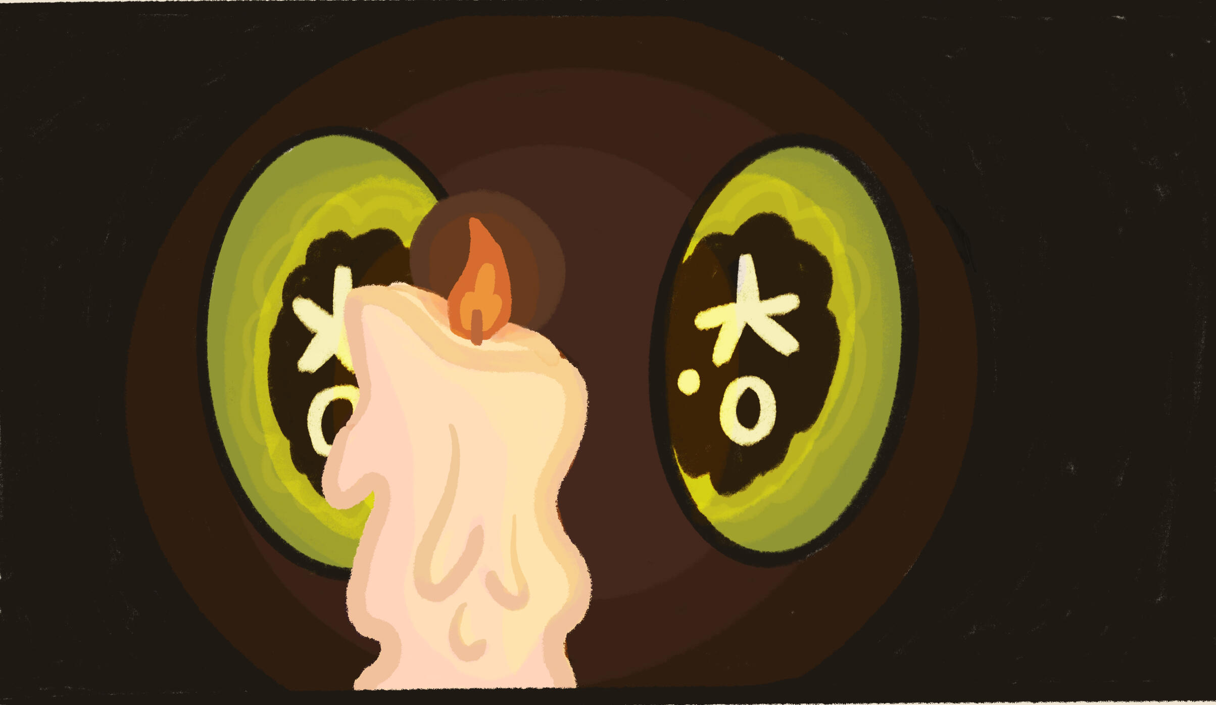 A close-up digital illustration of a pair of big sparkly green eyes looking at a candle glowing right in the centre of the image.