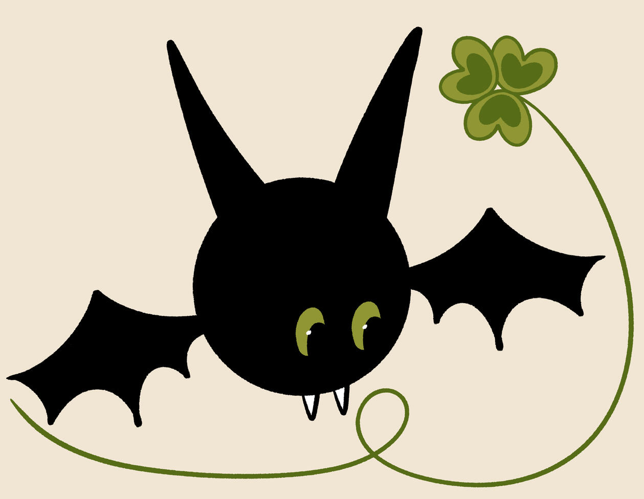 A digital illustration of a floating black bat head with wings and green eyes. A green clover loops around the bat.