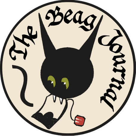TBJ Logo A digital illustration of a circular logo reading out "The Beag Journal". A black bat mascot sits at the centre holding a tea bag with a red label.